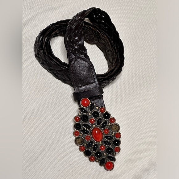 Women’s BELT Leather Braided M Brown Adjustable jeweled Buckle 5484 Y - Picture 8 of 11